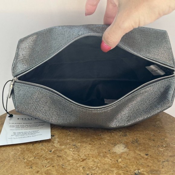 Coach Toiletry Pouch, Makeup & Cosmetic Bag, Silver Shimmering Large Zipper NWT - Picture 13 of 16